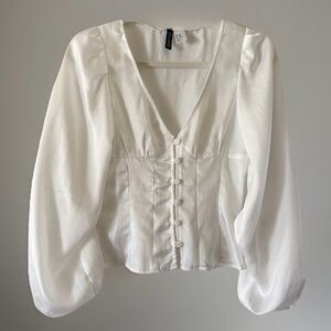H&M Corset Style Blouse Puff Sleeve Milkmaid Top White XXS Cottagecore